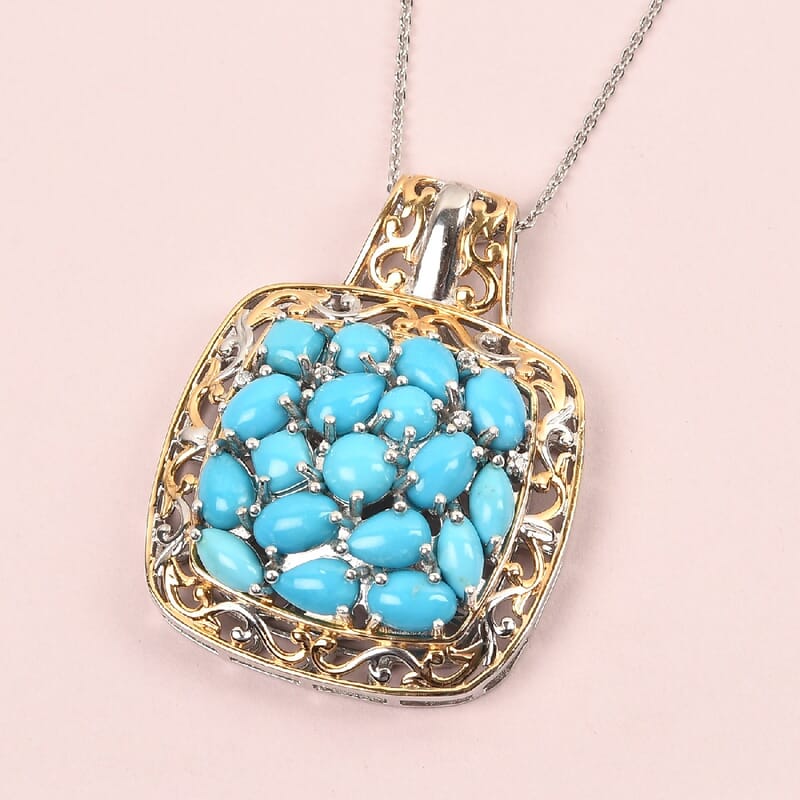 American Natural Sleeping Beauty Turquoise and Zircon Pendant Necklace 20 Inches in Vermeil Yellow Gold and Platinum Over Sterling Silver 8.20 Grams 6.75 ctw