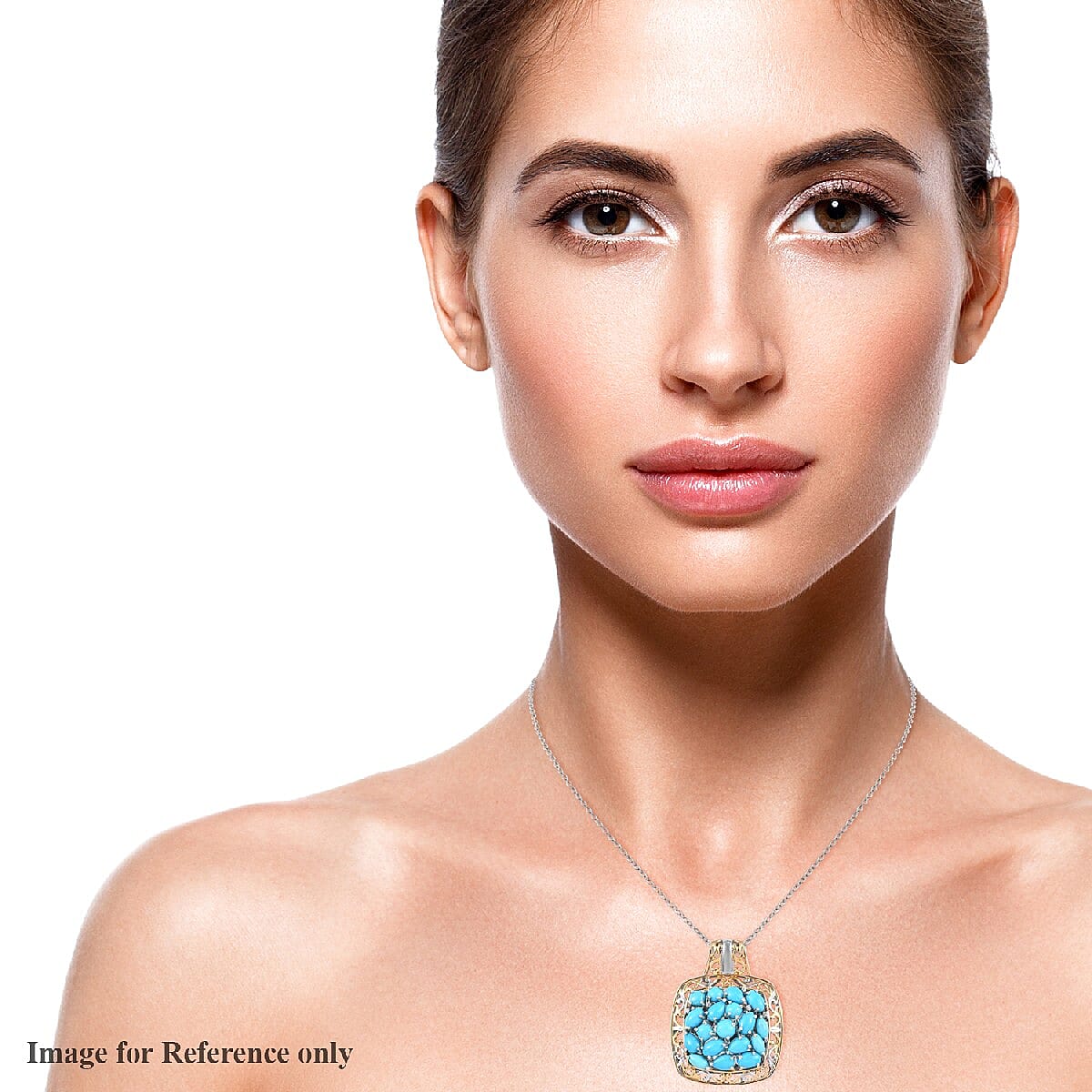American Natural Sleeping Beauty Turquoise and Zircon Pendant Necklace 20 Inches in Vermeil Yellow Gold and Platinum Over Sterling Silver 8.20 Grams 6.75 ctw
