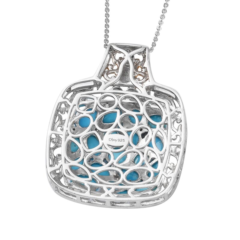 American Natural Sleeping Beauty Turquoise and Zircon Pendant Necklace 20 Inches in Vermeil Yellow Gold and Platinum Over Sterling Silver 8.20 Grams 6.75 ctw