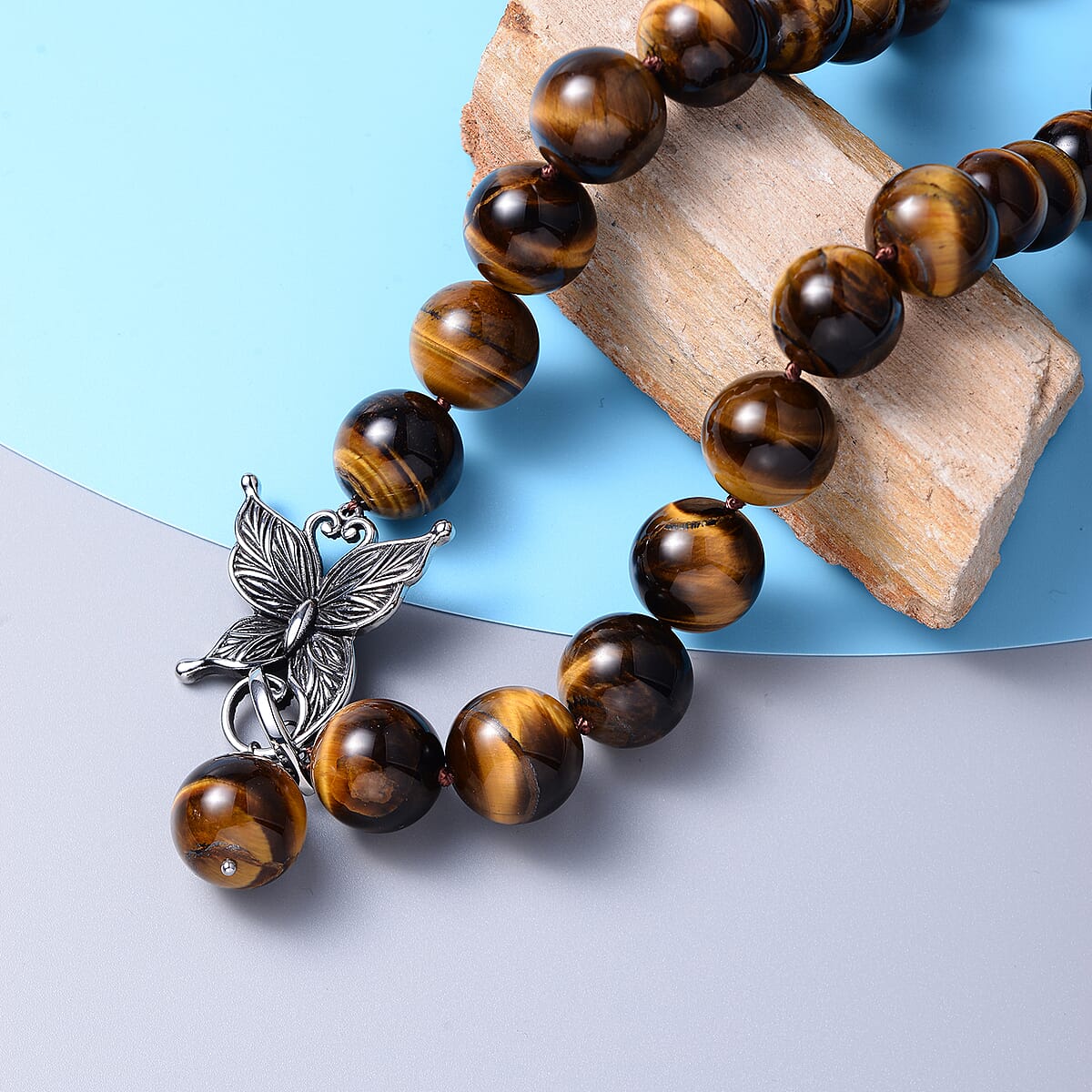 Premium Yellow Tiger's Eye Beaded Necklace 20 Inches with Butterfly Front Toggle Lock in Stainless Steel 791.00 ctw image number 1