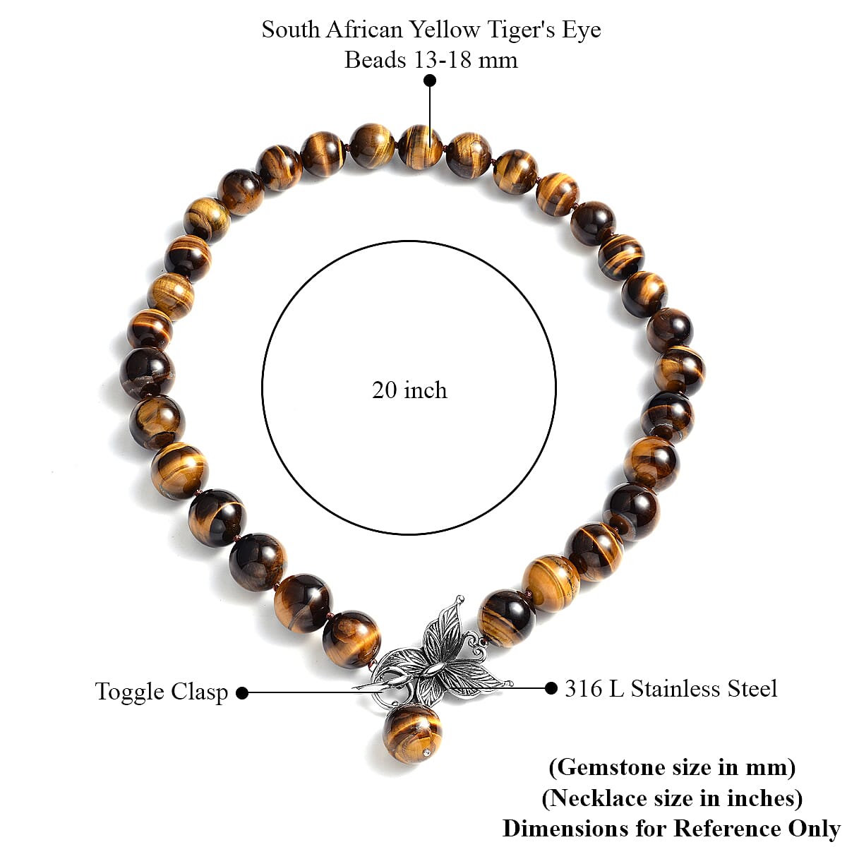 Premium Yellow Tiger's Eye Beaded Necklace 20 Inches with Butterfly Front Toggle Lock in Stainless Steel 791.00 ctw image number 3