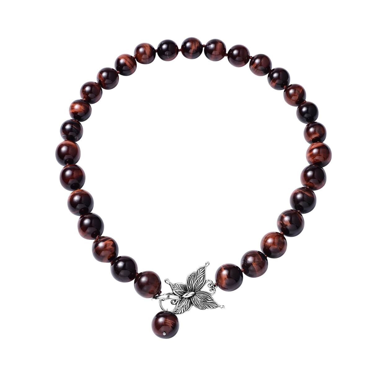 Red Tiger's Eye Beaded Necklace In Stainless Steel, Premium Bead Necklace For Women, Butterfly Front Toggle Clasp (20 Inches) 790.50 ctw image number 0