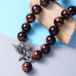 Red Tiger's Eye Beaded Necklace In Stainless Steel, Premium Bead Necklace For Women, Butterfly Front Toggle Clasp (20 Inches) 790.50 ctw