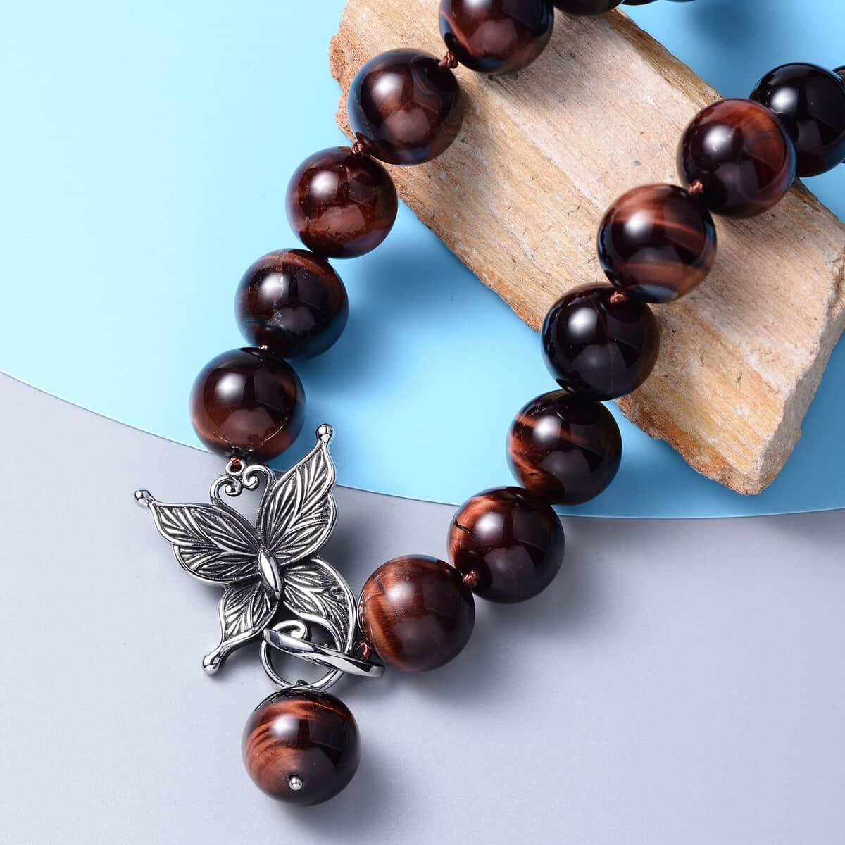 Red Tiger's Eye Beaded Necklace In Stainless Steel, Premium Bead Necklace For Women, Butterfly Front Toggle Clasp (20 Inches) 790.50 ctw image number 1