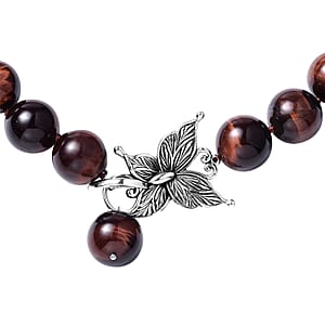 Red Tiger's Eye Beaded Necklace In Stainless Steel, Premium Bead Necklace For Women, Butterfly Front Toggle Clasp (20 Inches) 790.50 ctw