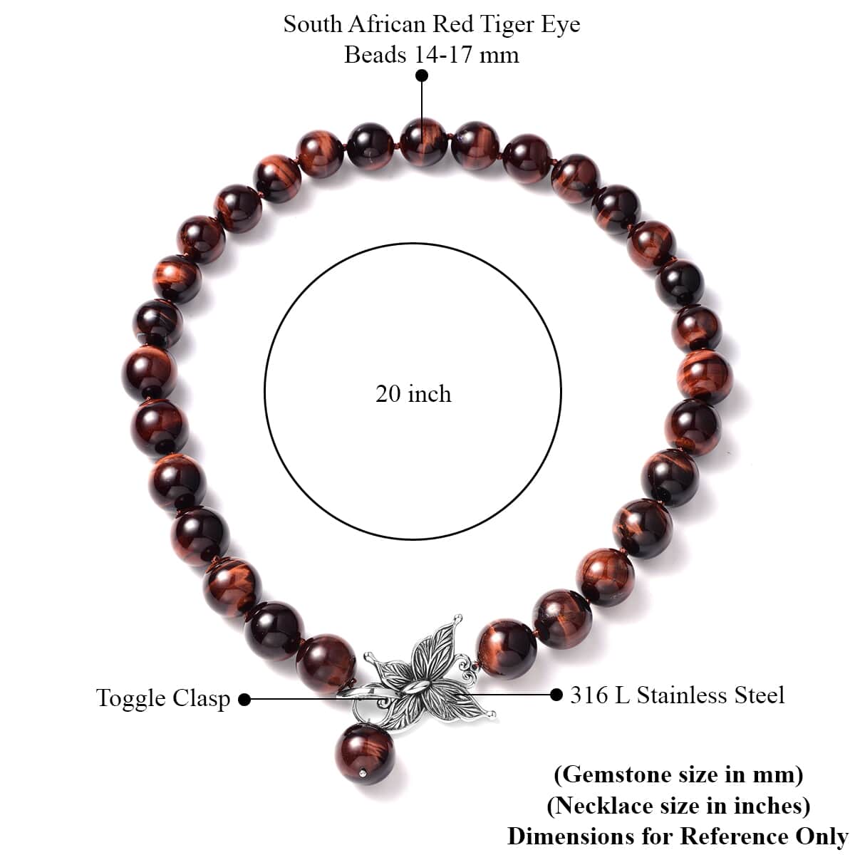 Red Tiger's Eye Beaded Necklace In Stainless Steel, Premium Bead Necklace For Women, Butterfly Front Toggle Clasp (20 Inches) 790.50 ctw image number 3