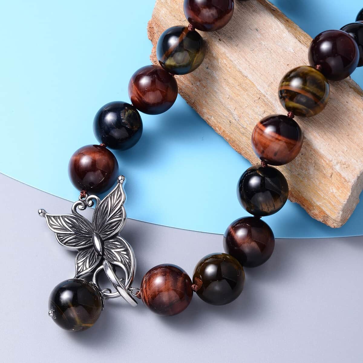Multi Tiger's Eye Beaded Necklace In Stainless Steel, Premium Bead Necklace For Women, Butterfly Front Toggle Clasp (20 Inches) 788.50 ctw image number 1