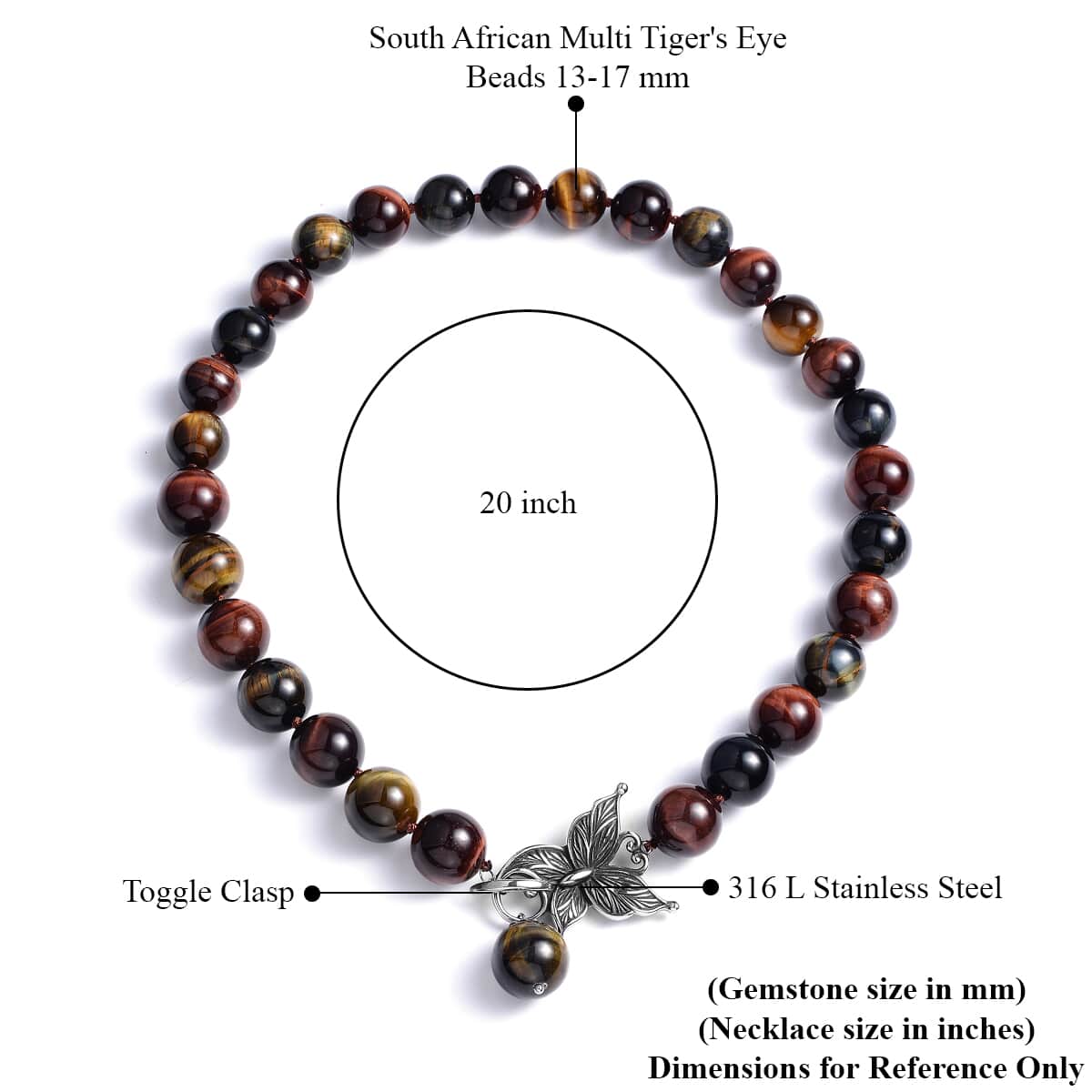 Multi Tiger's Eye Beaded Necklace In Stainless Steel, Premium Bead Necklace For Women, Butterfly Front Toggle Clasp (20 Inches) 788.50 ctw image number 3