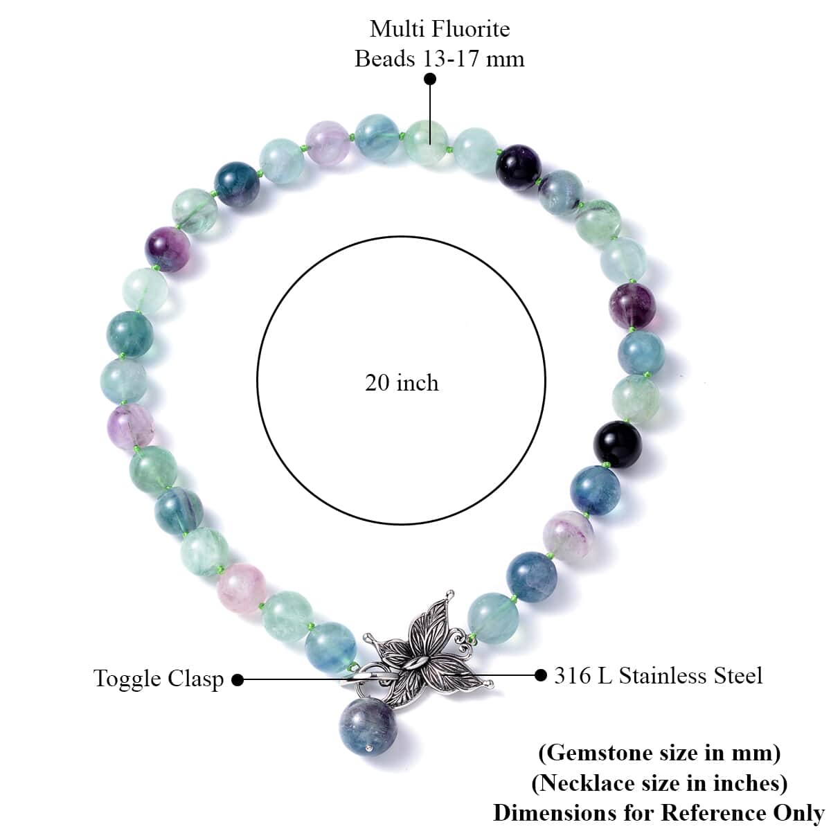 Premium Multi Fluorite 13-17mm Beaded Necklace 20 Inches with Butterfly Front Toggle Lock in Stainless Steel 792.00 ctw image number 3