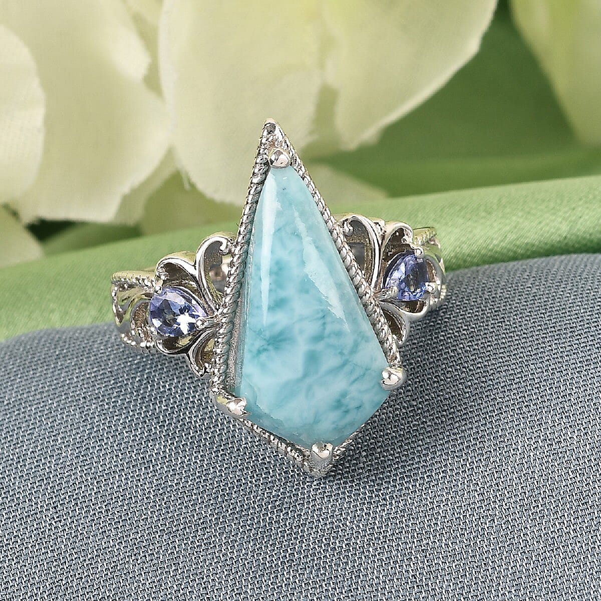 Larimar and Tanzanite Ring in Platinum Over Sterling Silver (Size 11.0) 6.50 ctw image number 1