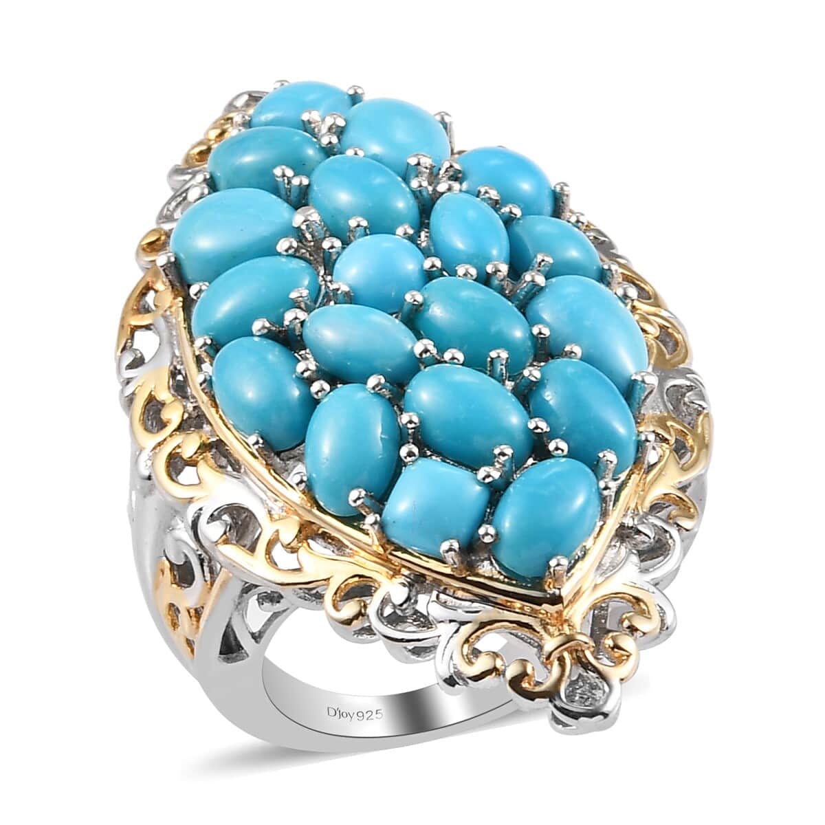 American Natural Sleeping Beauty Turquoise Cluster Ring in Vermeil Yellow Gold and Platinum Over Sterling Silver (Size 7.0) 11.70 Grams 8.40 ctw image number 0