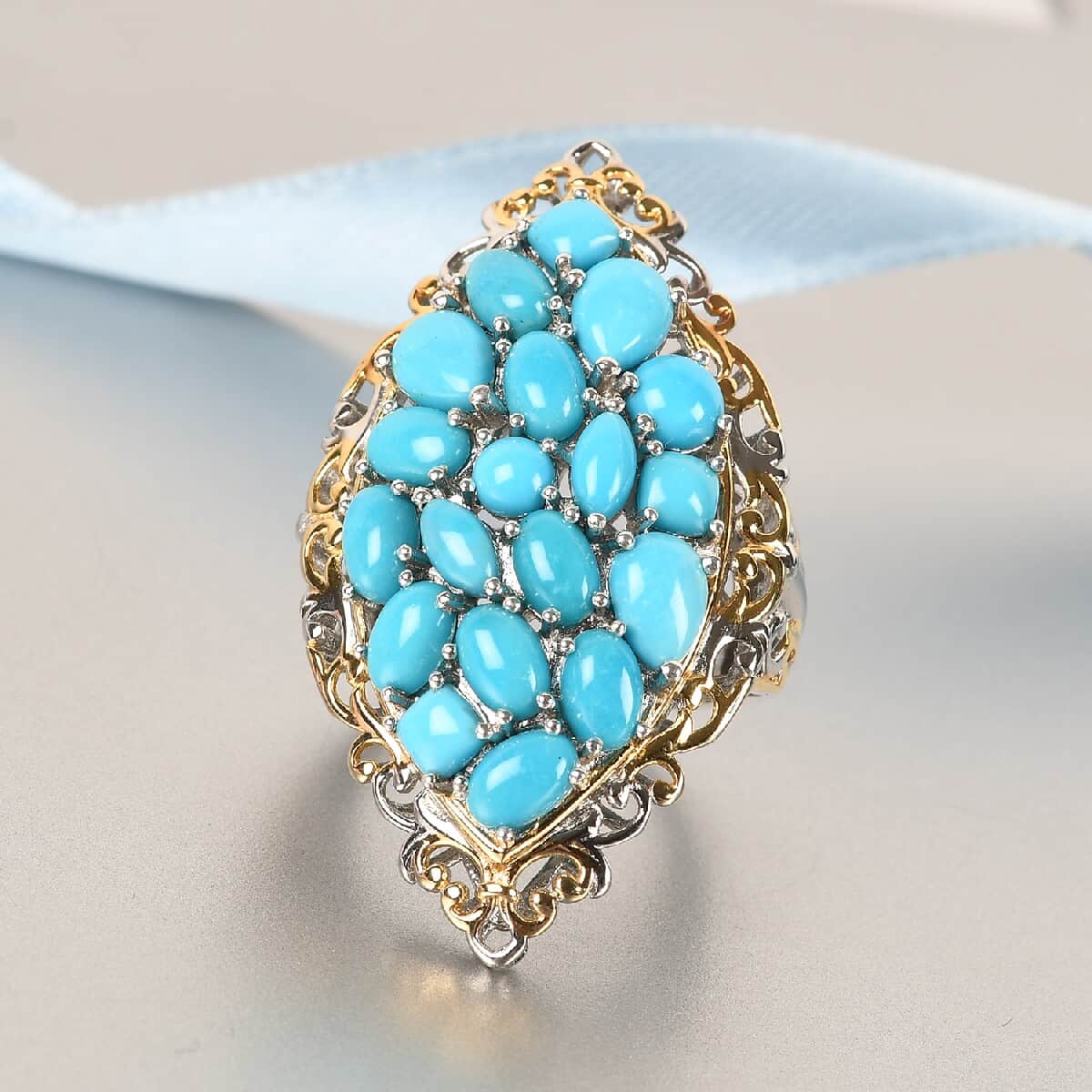 American Natural Sleeping Beauty Turquoise Cluster Ring in Vermeil Yellow Gold and Platinum Over Sterling Silver (Size 7.0) 11.70 Grams 8.40 ctw image number 1