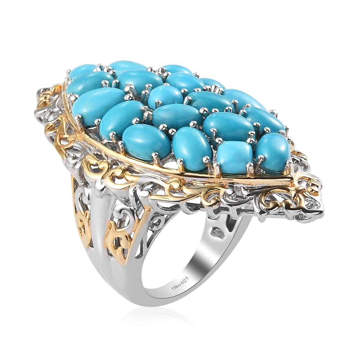 American Natural Sleeping Beauty Turquoise Cluster Ring in Vermeil Yellow Gold and Platinum Over Sterling Silver (Size 7.0) 11.70 Grams 8.40 ctw image number 3