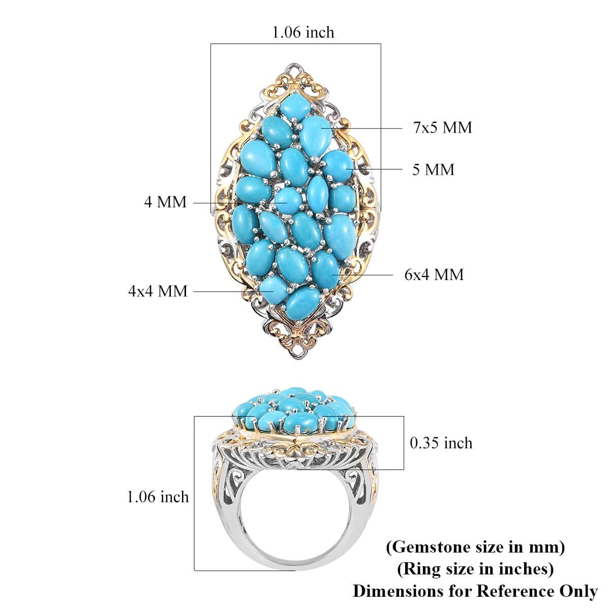 American Natural Sleeping Beauty Turquoise Cluster Ring in Vermeil Yellow Gold and Platinum Over Sterling Silver (Size 7.0) 11.70 Grams 8.40 ctw image number 5