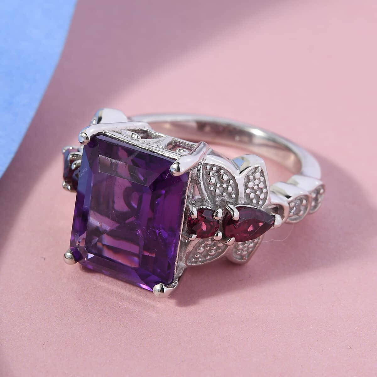 Amethyst and Multi Gemstone Ring in Platinum Over Sterling Silver (Size 7.0) 6.90 ctw image number 1