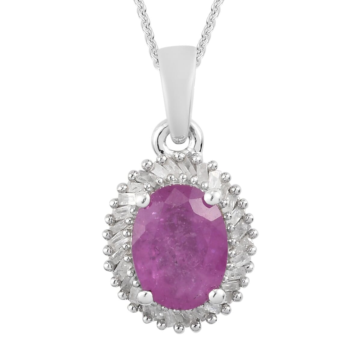 Ilakaka Hot Pink Sapphire (FF) and Diamond Halo Pendant Necklace 20 Inches in Platinum Over Sterling Silver 3.20 ctw image number 0