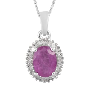 Ilakaka Hot Pink Sapphire (FF) and Diamond Halo Pendant Necklace 20 Inches in Platinum Over Sterling Silver 3.20 ctw