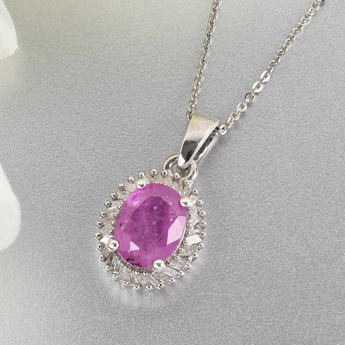 Ilakaka Hot Pink Sapphire (FF) and Diamond Halo Pendant Necklace 20 Inches in Platinum Over Sterling Silver 3.20 ctw image number 1