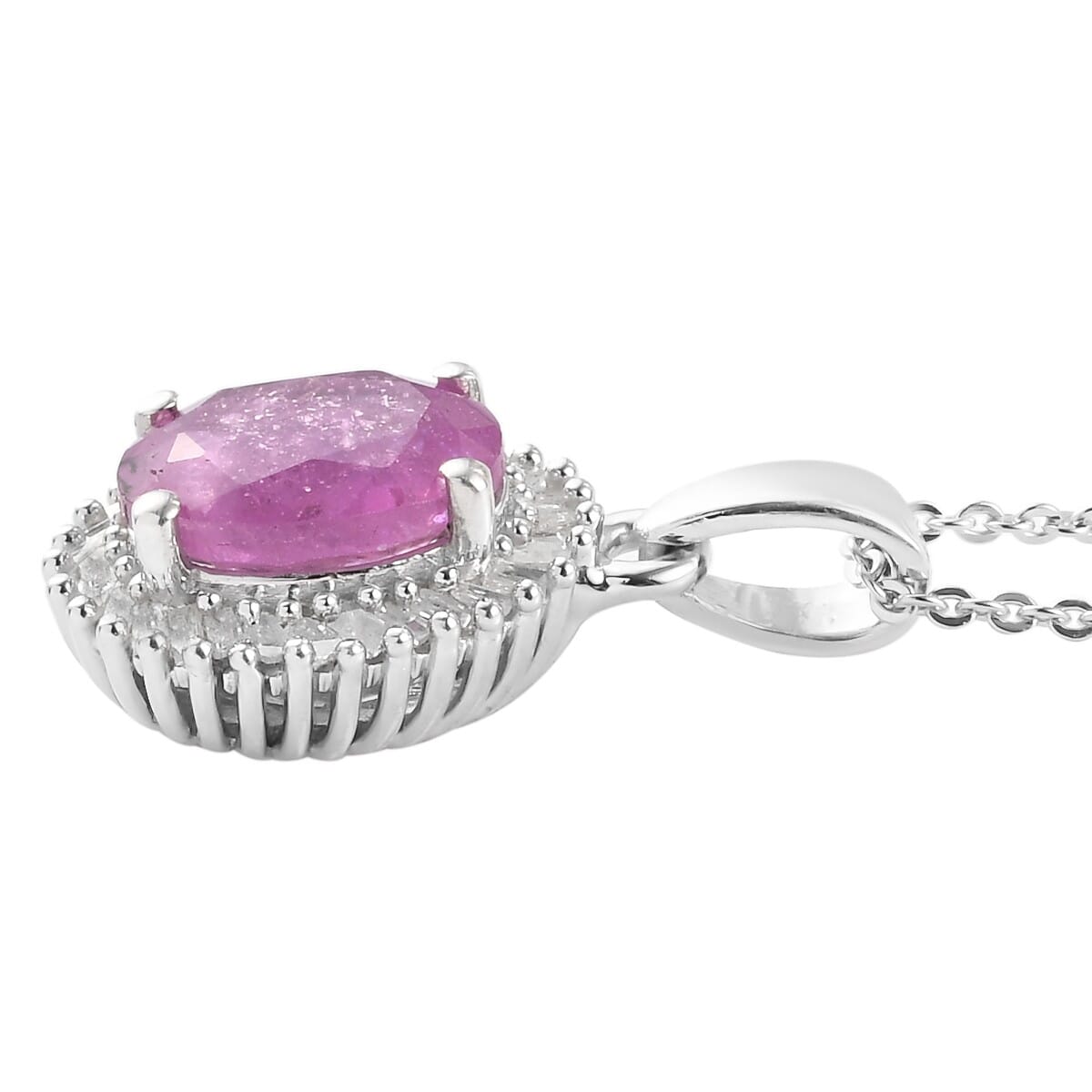 Ilakaka Hot Pink Sapphire (FF) and Diamond Halo Pendant Necklace 20 Inches in Platinum Over Sterling Silver 3.20 ctw image number 3