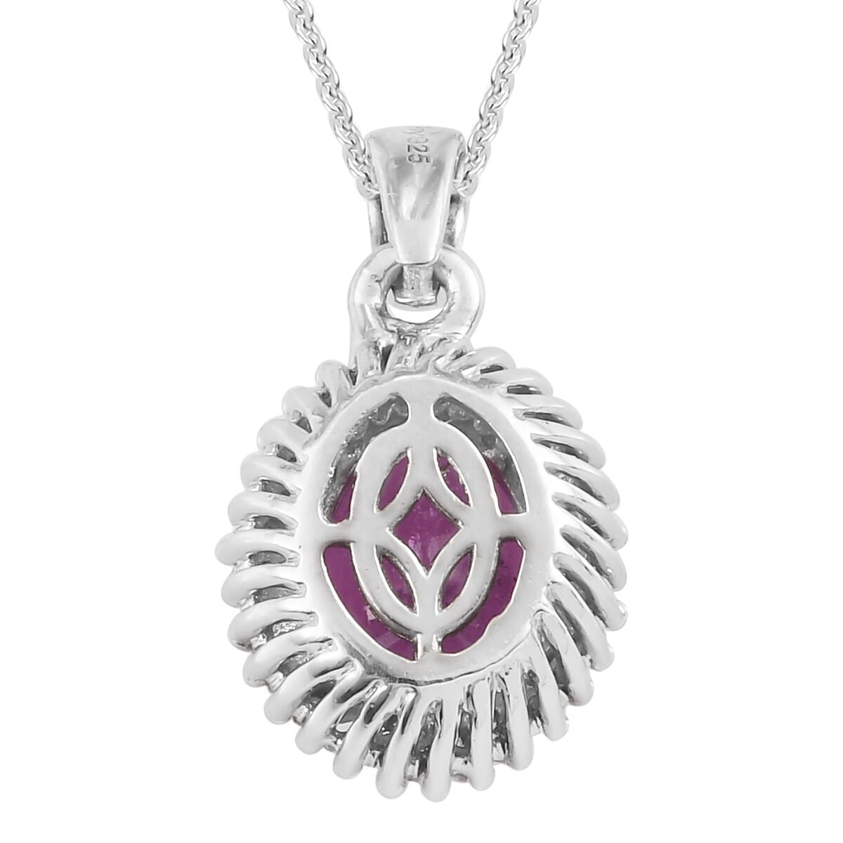 Ilakaka Hot Pink Sapphire (FF) and Diamond Halo Pendant Necklace 20 Inches in Platinum Over Sterling Silver 3.20 ctw image number 4