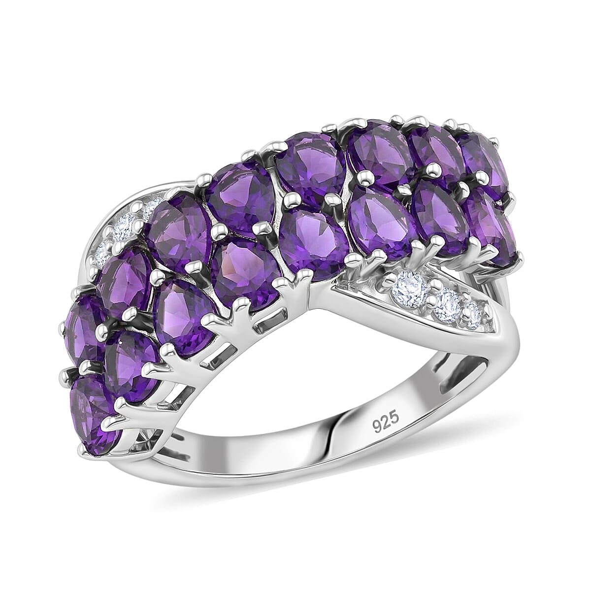 Lusaka Amethyst and Zircon 17.50 ctw Ring in Platinum Over Sterling Silver (Size 6.5)