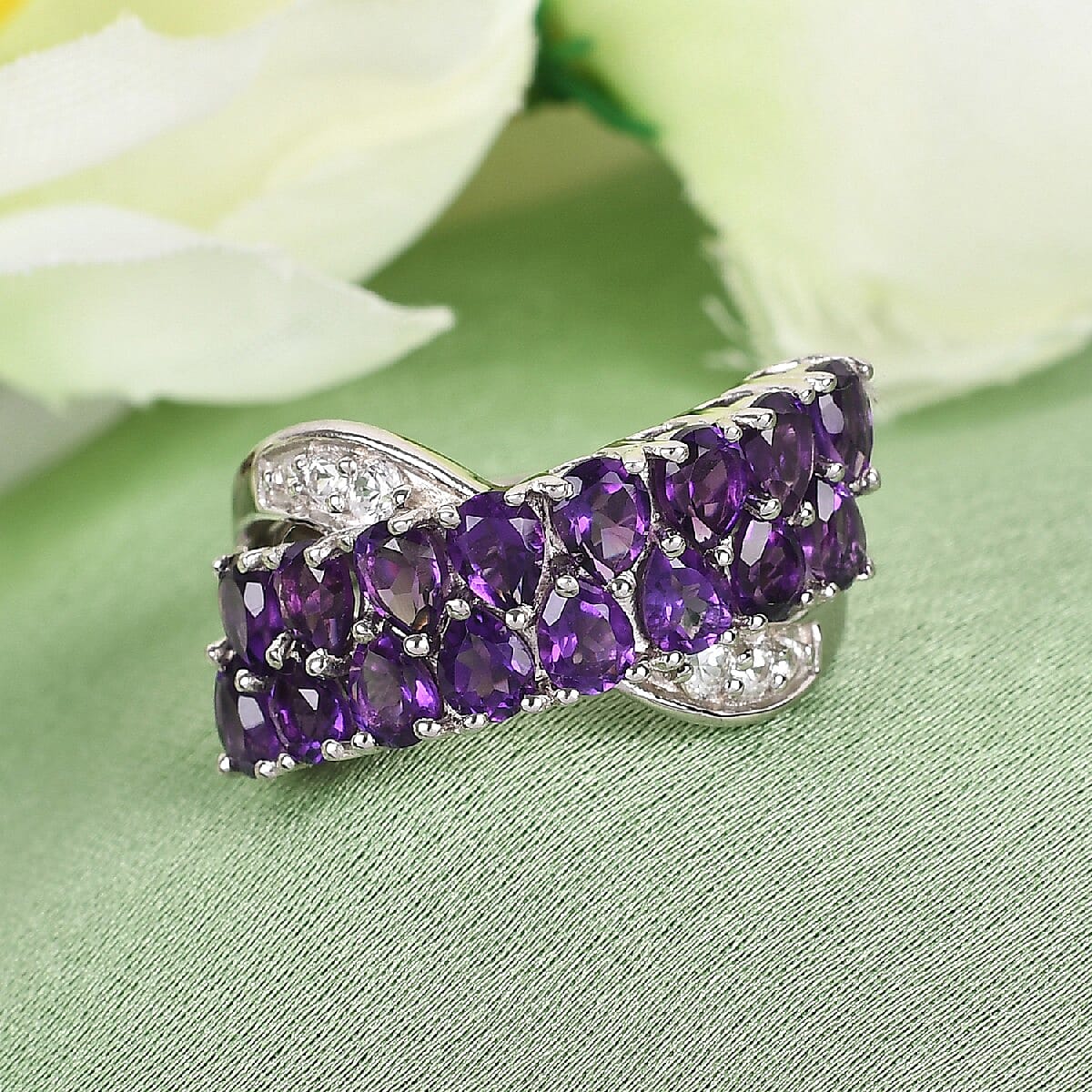 Lusaka Amethyst and Zircon 17.50 ctw Ring in Platinum Over Sterling Silver (Size 6.5)