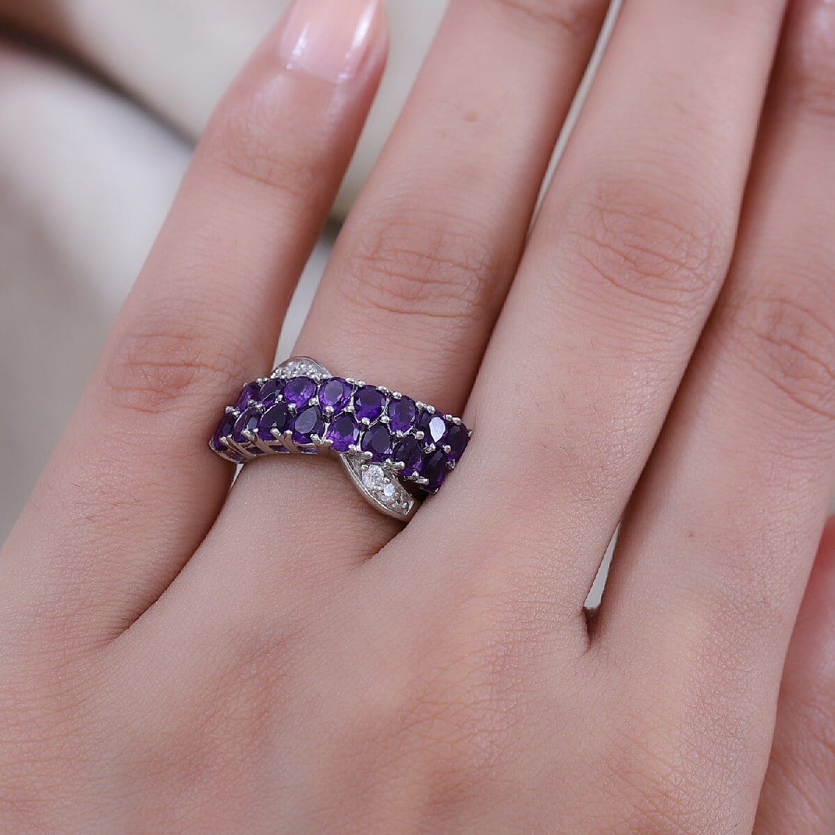 Lusaka Amethyst and Zircon 17.50 ctw Ring in Platinum Over Sterling Silver (Size 6.5)