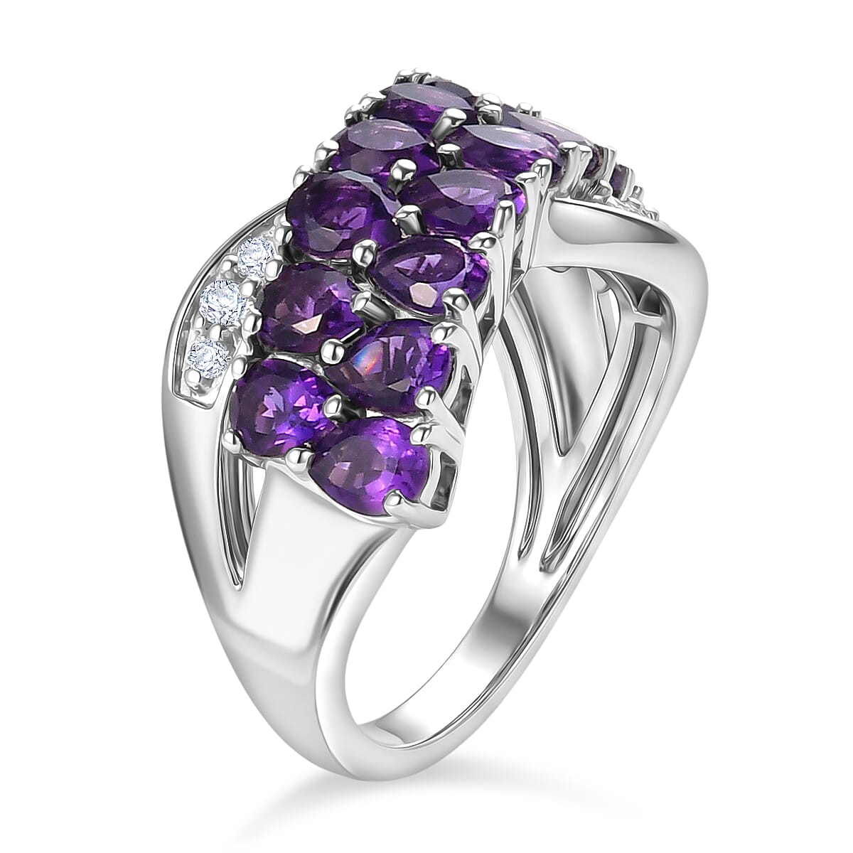 Lusaka Amethyst and Zircon 17.50 ctw Ring in Platinum Over Sterling Silver (Size 6.5)