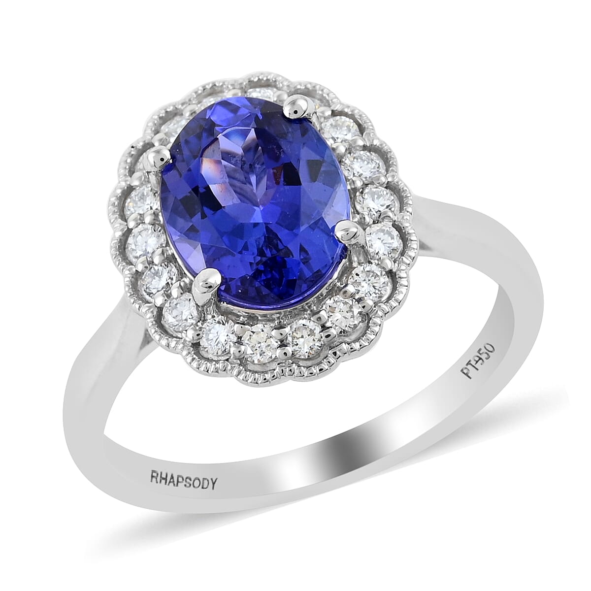 RHAPSODY 950 Platinum AAAA Tanzanite and Diamond E-F VS Halo Ring 6.40 Grams 2.25 ctw image number 0