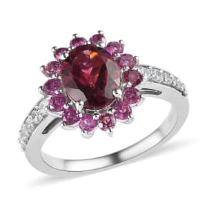 Tanzanian Wine Garnet and White Zircon Sunburst Ring in Platinum Over Sterling Silver (Size 9.0) 3.35 ctw