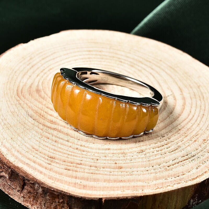 Yellow Jade 14.00 ctw Ring in Rhodium Over Sterling Silver (Size 5.5)