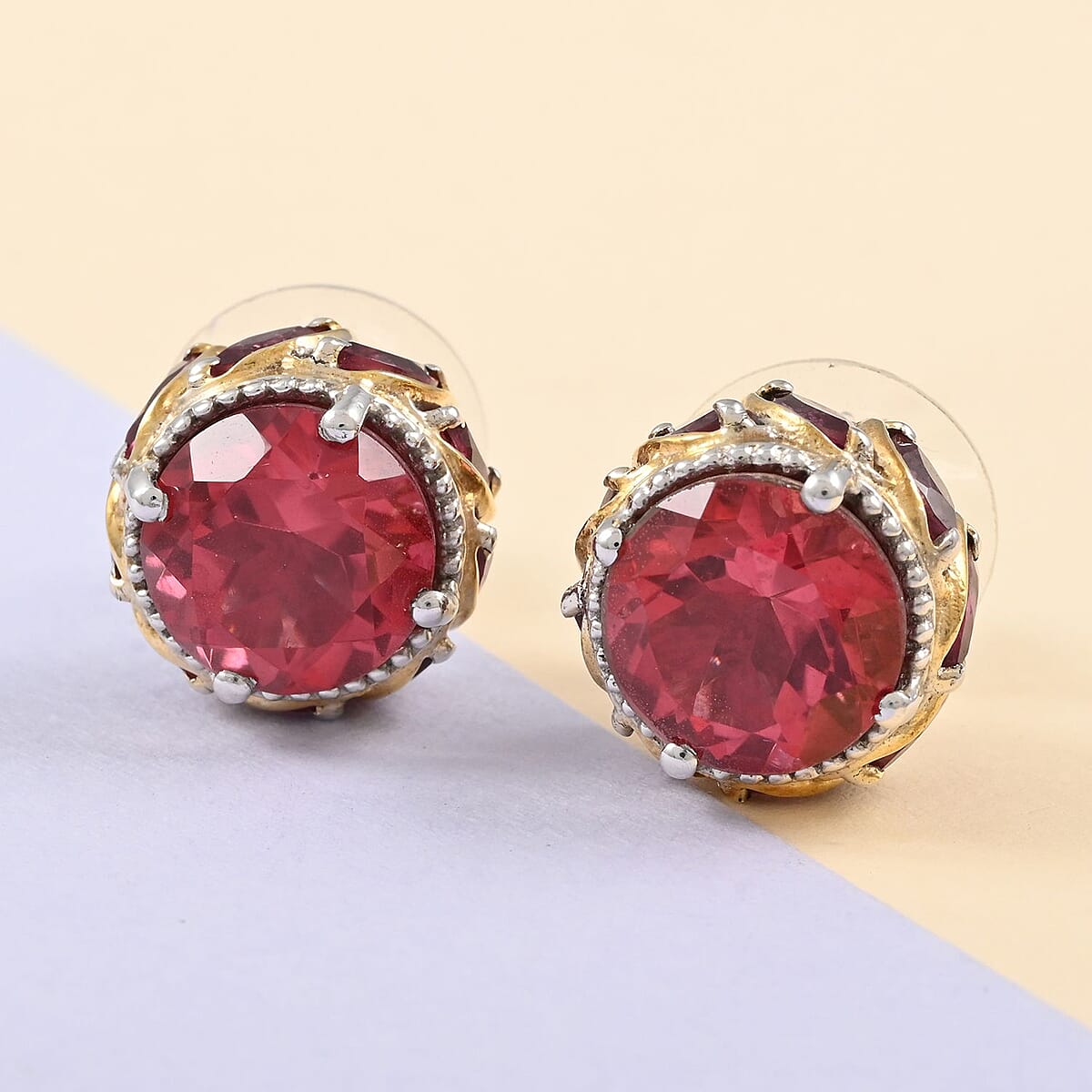 Papaya Quartz (Triplet) and Orissa Rhodolite Garnet Earrings in 14K Yellow Gold and Platinum Over Sterling Silver 7.70 ctw image number 1