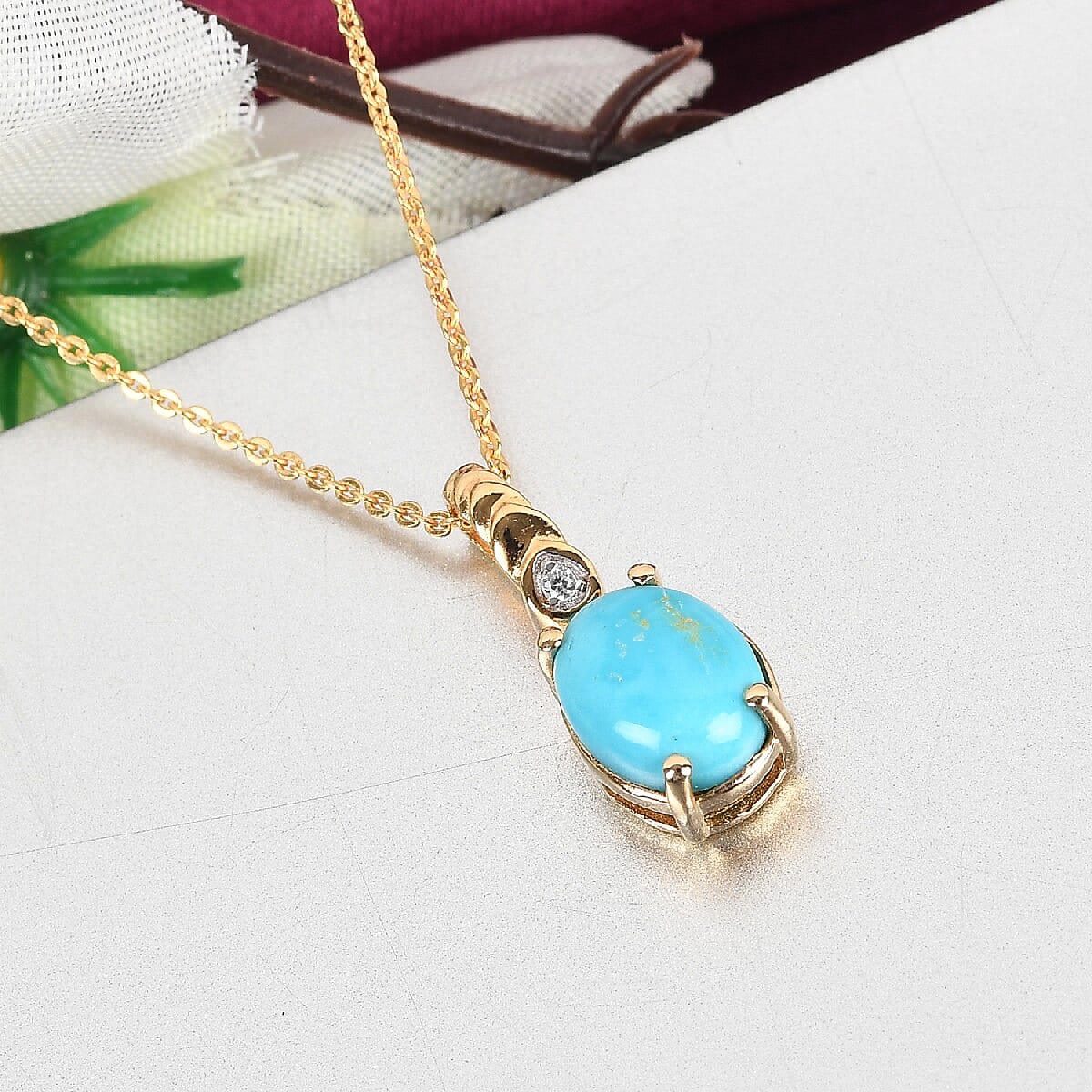 South Hill Turquoise and Zircon Pendant Necklace 20 Inches in Vermeil Yellow Gold Over Sterling Silver 1.80 ctw image number 1