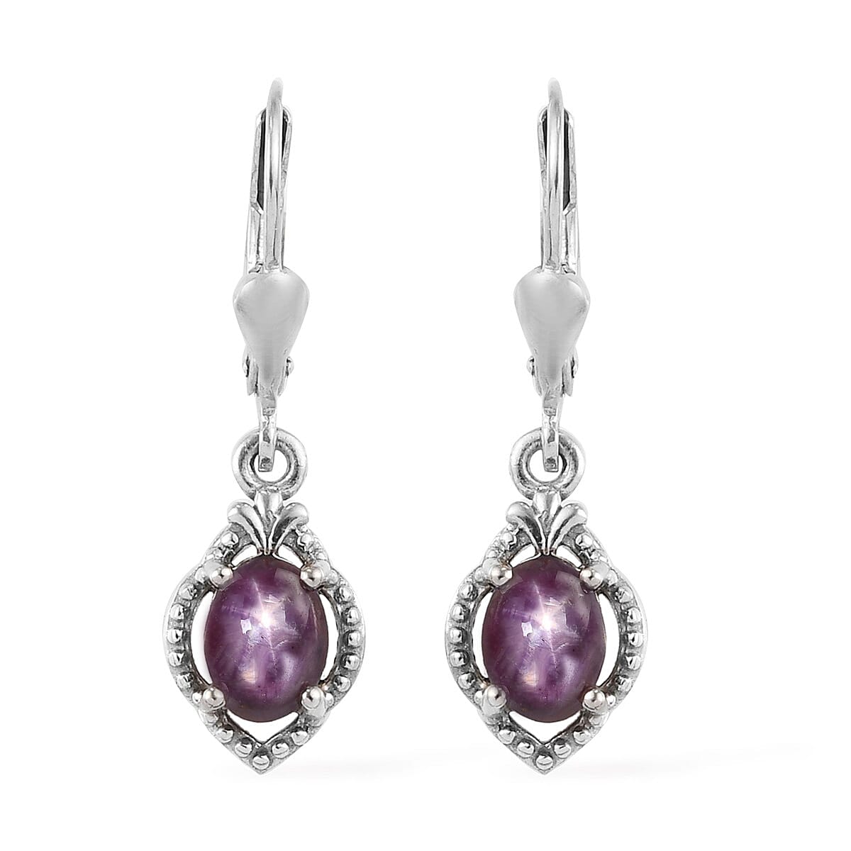 Indian Star Ruby Dangling Earrings in Platinum Over Sterling Silver 3.00 ctw