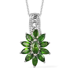 Natural Chrome Diopside Floral Pendant Necklace 20 Inches in Platinum Over Sterling Silver 1.75 ctw