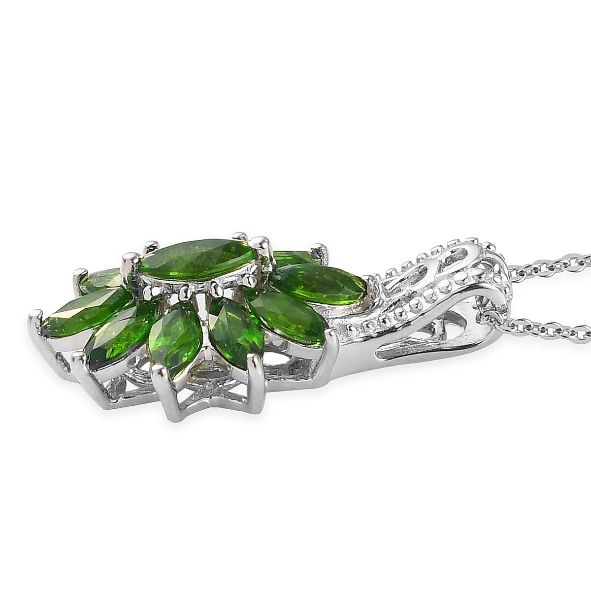 Natural Chrome Diopside Floral Pendant Necklace 20 Inches in Platinum Over Sterling Silver 1.75 ctw image number 3