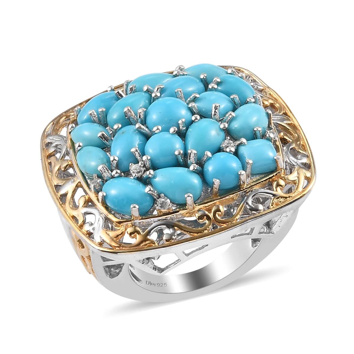 American Natural Sleeping Beauty Turquoise and Zircon Cluster Ring in Vermeil YG & Platinum Over Sterling Silver (Size 6.0) 6.85 ctw image number 0