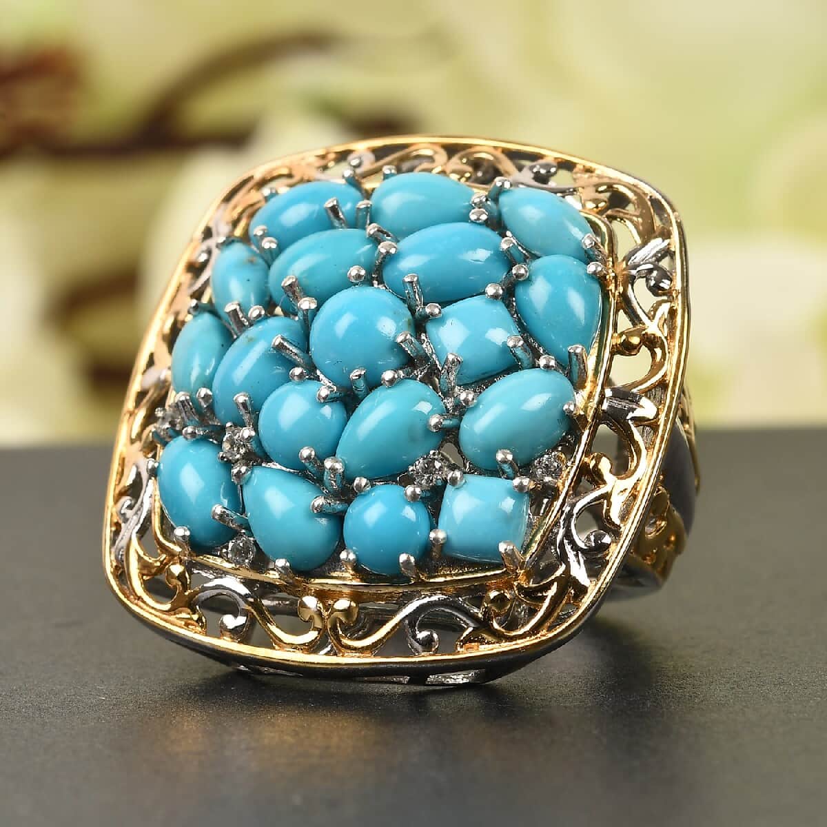 American Natural Sleeping Beauty Turquoise and Zircon Cluster Ring in Vermeil YG & Platinum Over Sterling Silver (Size 6.0) 6.85 ctw image number 1