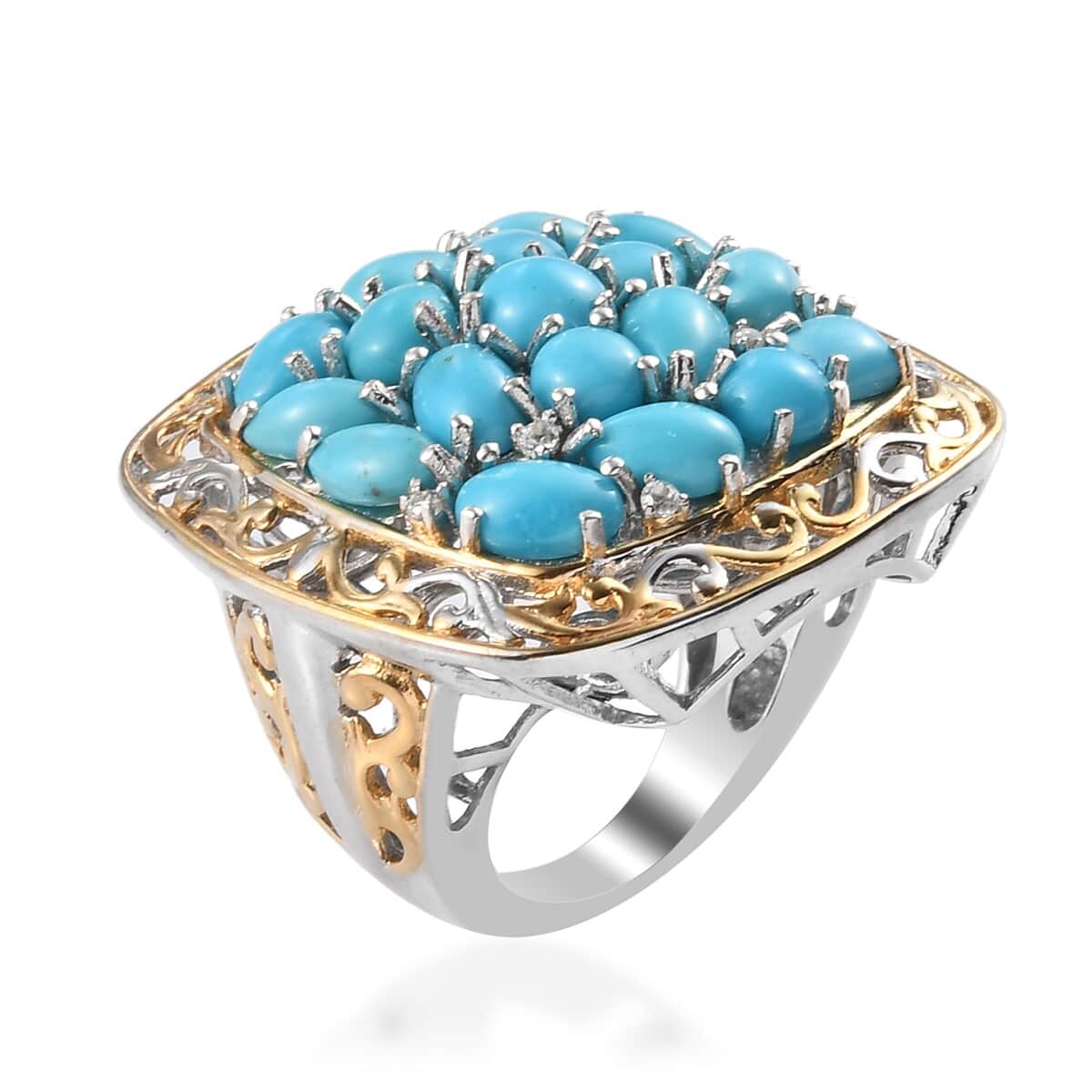 American Natural Sleeping Beauty Turquoise and Zircon Cluster Ring in Vermeil YG & Platinum Over Sterling Silver (Size 6.0) 6.85 ctw image number 3
