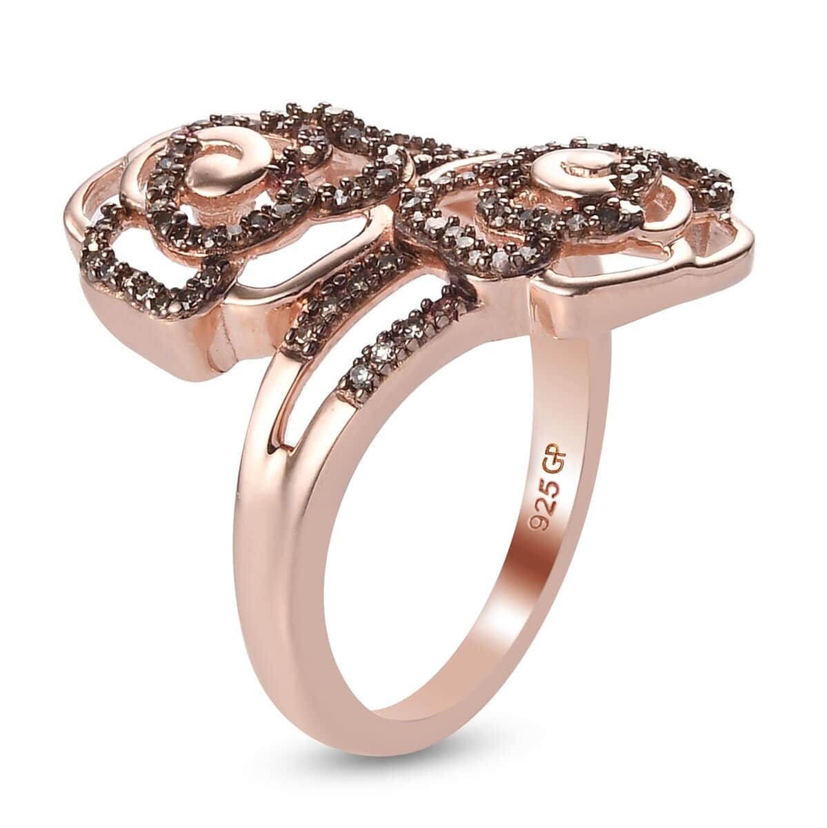 GP Italian Garden Collection Natural Champagne Diamond Bypass Ring in Rhodium & Vermeil Rose Gold Over  Sterling Silver (Size 7.0) 0.30 ctw image number 3
