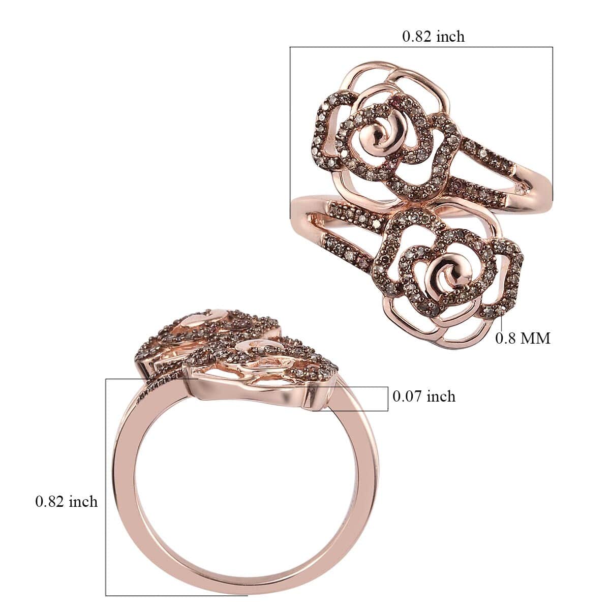 GP Italian Garden Collection Natural Champagne Diamond Bypass Ring in Rhodium & Vermeil Rose Gold Over  Sterling Silver (Size 7.0) 0.30 ctw image number 5