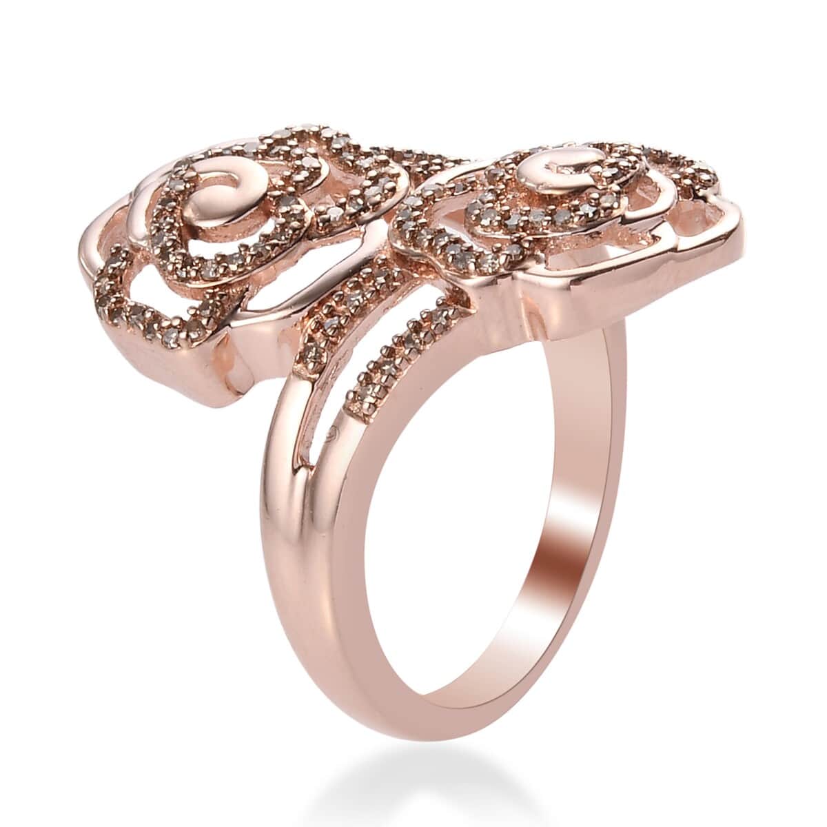 GP Italian Garden Collection Natural Champagne Diamond Bypass Ring in Rhodium & Vermeil Rose Gold Over  Sterling Silver (Size 8.0) 0.30 ctw image number 3