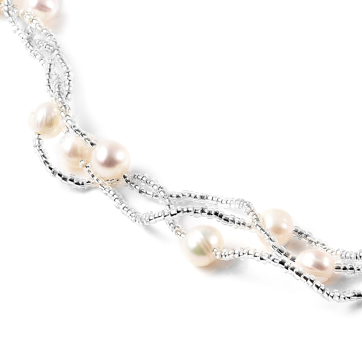 5-7mm White Freshwater Cultured Pearl and Glass Necklace 18 Inches in Silvertone image number 2
