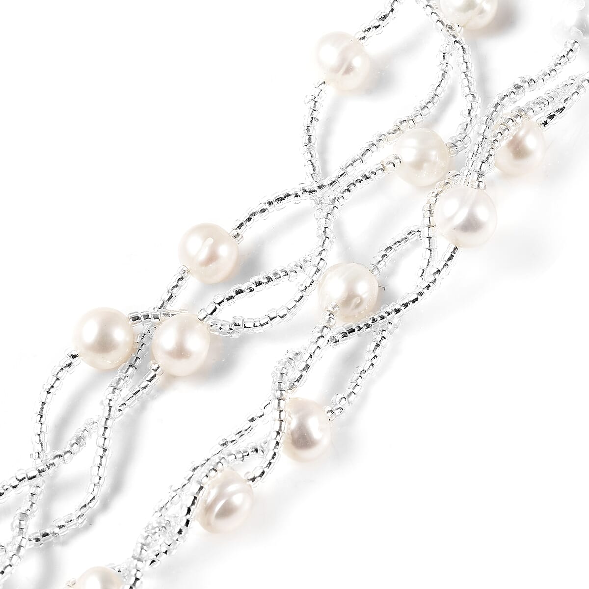 5-7mm White Freshwater Cultured Pearl and Glass Necklace 18 Inches in Silvertone image number 3