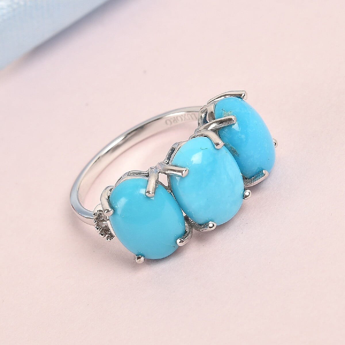 Luxoro 10K White Gold Premium Sleeping Beauty Turquoise, Diamond (G-H, I3) 3 Stone Ring (Size 10.0) 4.25 ctw