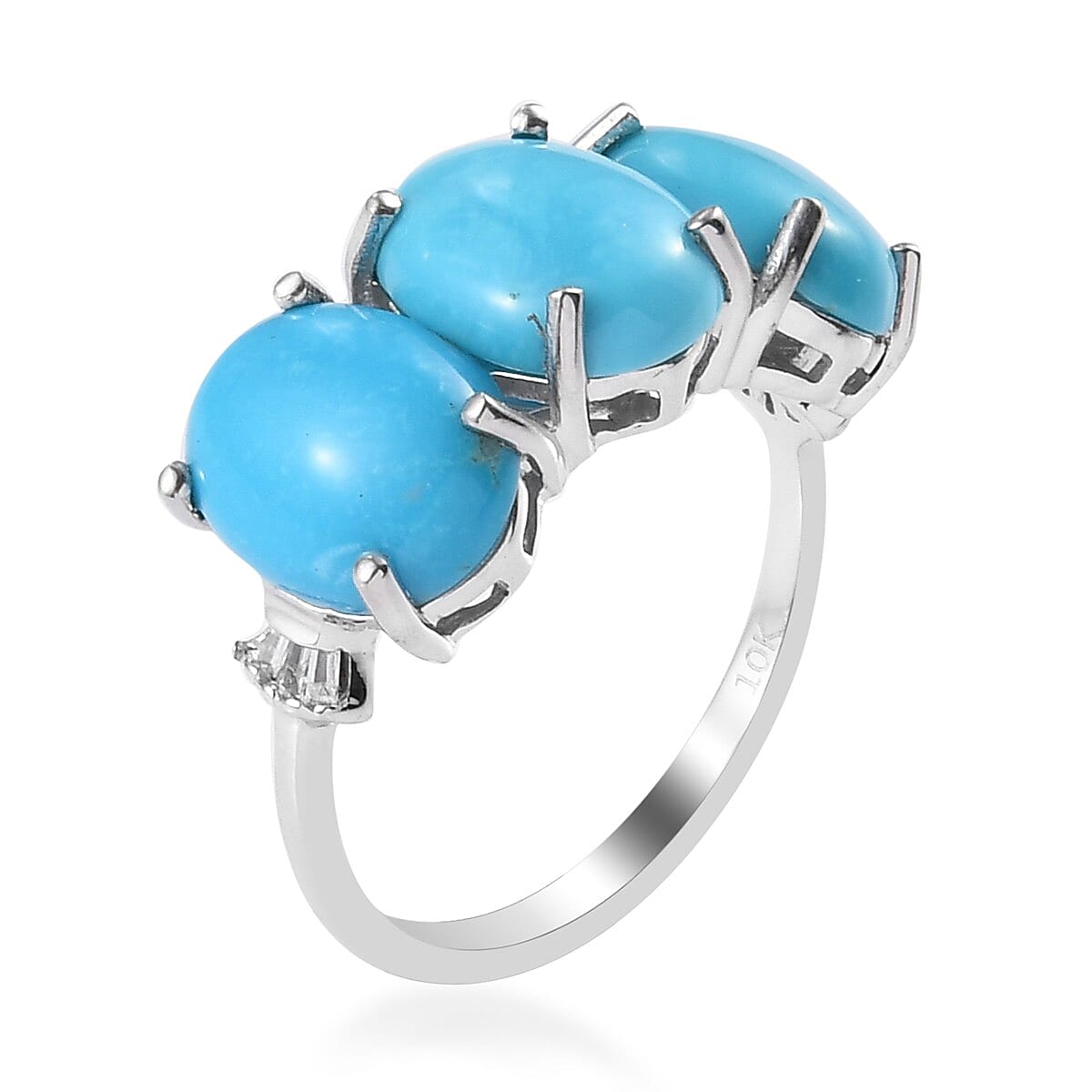 Luxoro 10K White Gold Premium Sleeping Beauty Turquoise, Diamond (G-H, I3) 3 Stone Ring (Size 10.0) 4.25 ctw