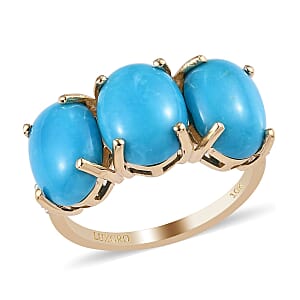 Luxoro 10K Yellow Gold Premium AMERICAN Natural Sleeping Beauty Turquoise and G-H I3 Diamond 3 Stone Ring (Size 6.0) 4.35 ctw