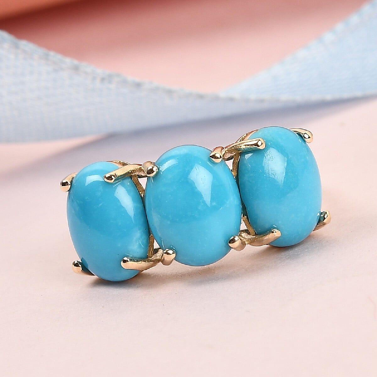 Luxoro 10K Yellow Gold Premium AMERICAN Natural Sleeping Beauty Turquoise and G-H I3 Diamond 3 Stone Ring (Size 6.0) 4.35 ctw image number 1