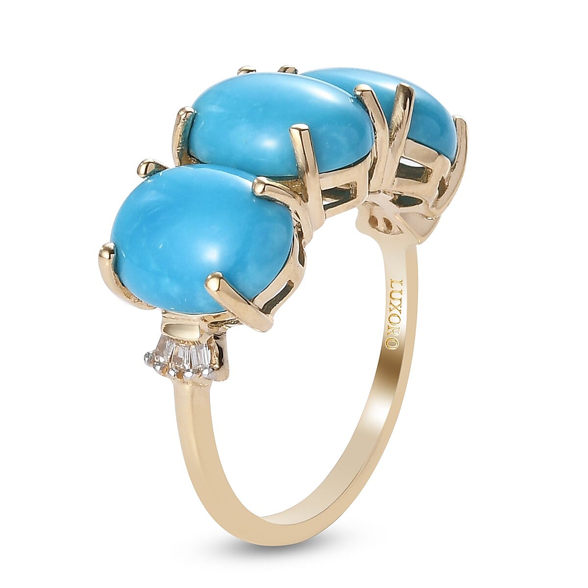 Luxoro 10K Yellow Gold Premium AMERICAN Natural Sleeping Beauty Turquoise and G-H I3 Diamond 3 Stone Ring (Size 6.0) 4.35 ctw image number 3
