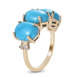 Luxoro 10K Yellow Gold Premium AMERICAN Natural Sleeping Beauty Turquoise and G-H I3 Diamond 3 Stone Ring (Size 6.0) 4.35 ctw